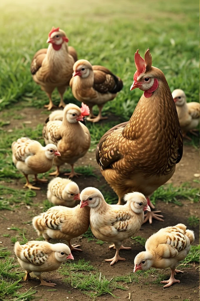 Create an image of a hen with 20 chicks 
