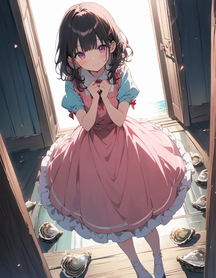 (masterpiece),(Highest quality), shape,  ((oyster:2)), Gray wavy hair, Long eyelashes, Round eyes, smile, (cherry blossoms:1.2)、(美味しいOceanの幸)、(清浄Ocean域アジワ)、(Warm Beach Background:1.4)、((Ocean:1.8))、Outdoor、Surrealism, Anaglyph, Stereogram, Atmospheric perspective, 8K, 超detailed, Accurate, Highest quality, 超High resolution, Textured skin, Pale maroon frilled dress, (pastel colour) , paper_cut、(Highest quality、masterpiece、High resolution、detailed)、animeスタイル、Flat Style、(Shining Eyes、detailed美しい顔),  break,1 Girl、extremely detailed(The Shining), Best lighting, Best Shadow、floating, (High saturation),Dynamic Angle、anime