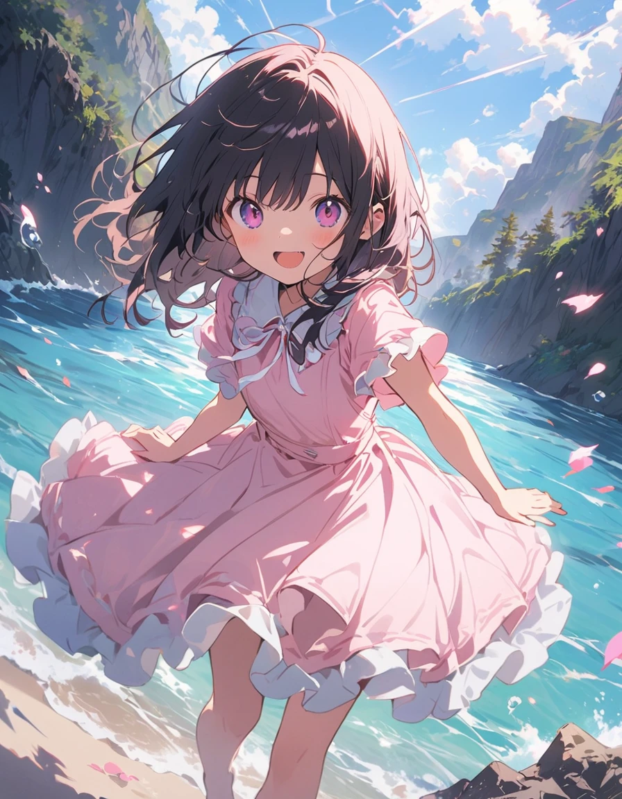 (masterpiece),(Highest quality), shape,  ((oyster:2)), Gray wavy hair, Long eyelashes, Round eyes, smile, (cherry blossoms:1.2)、(美味しいOceanの幸)、(清浄Ocean域アジワ)、(Warm Beach Background:1.4)、((Ocean:1.8))、Outdoor、Surrealism, Anaglyph, Stereogram, Atmospheric perspective, 8K, 超detailed, Accurate, Highest quality, 超High resolution, Textured skin, Pale maroon frilled dress, (pastel colour) , paper_cut、(Highest quality、masterpiece、High resolution、detailed)、animeスタイル、Flat Style、(Shining Eyes、detailed美しい顔),  break,1 Girl、extremely detailed(The Shining), Best lighting, Best Shadow、floating, (High saturation),Dynamic Angle、anime