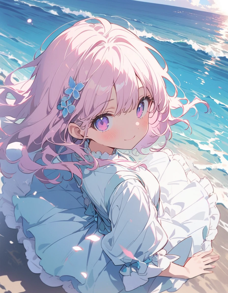(masterpiece),(Highest quality), shape, ((oyster:2)), Gray wavy hair, Long eyelashes, Round eyes, smile, (cherry blossoms:1.2)、(美味しいOceanの幸)、(清浄Ocean域アジワ)、(Warm Beach Background:1.4)、((Ocean:1.8))、Outdoor、Surrealism, Anaglyph, Stereogram, Atmospheric perspective, 8K, 超detailed, Accurate, Highest quality, 超High resolution, Textured skin, Pale maroon frilled dress, (pastel colour) , paper_cut、(Highest quality、masterpiece、High resolution、detailed)、animeスタイル、Flat Style、(Shining Eyes、detailed美しい顔), break,1 Girl、extremely detailed(The Shining), Best lighting, Best Shadow、floating, (High saturation),Dynamic Angle、anime