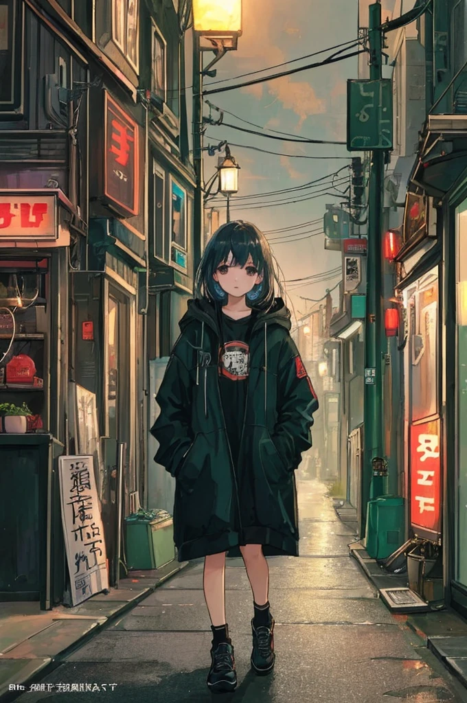 (masterpiece、Highest quality、Highest quality、Official Art、Beautiful and aesthetic:1.2)、Near future、Blade Runner、Slum Street、Late at night、Lo-fi Hip Hop、Cafe with small lights、Residential Street、silence、It's raining a little、