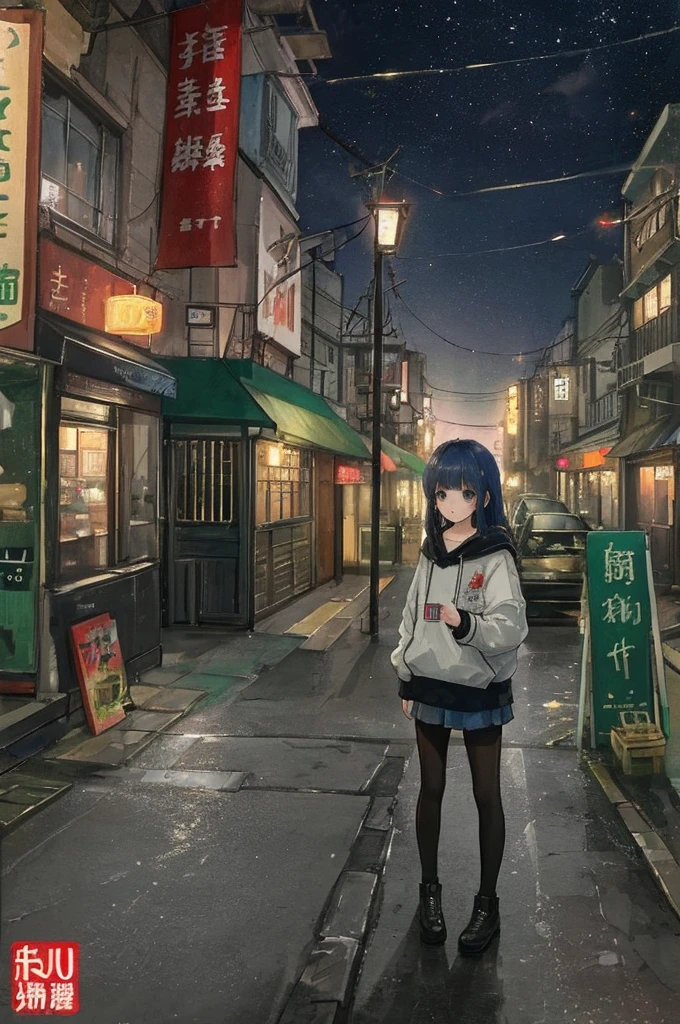 (masterpiece、Highest quality、Highest quality、Official Art、Beautiful and aesthetic:1.2)、Near future、Blade Runner、Slum Street、Late at night、Lo-fi Hip Hop、Cafe with small lights、Residential Street、silence、It's raining a little、