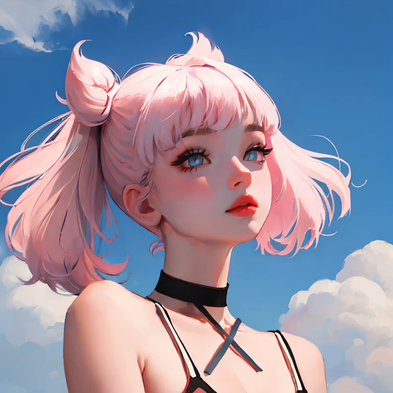 Russian women, Adult female, Style Booba Pad, Fluffy Clouds, Upper Body, Portraiture, breast focus, One girl, asymmetrical bangs, Asymmetrical Hair, bangs,  Half shaved, pink ribbon in hair, Black Choker