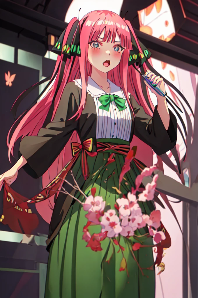 Highest quality, masterpiece, High resolution, 一人in, {Nakano_nino_gotoubunnohanayome:1.15}, 前hair, pink_hair, dull_前hair, hair_ornament, butterfly_hair_ornament, ribbon, black_ribbon, green_eye, blush, hair_ribbon, Twin tails, length_hair, One girl, Looking_in_Audience, Open_mouth