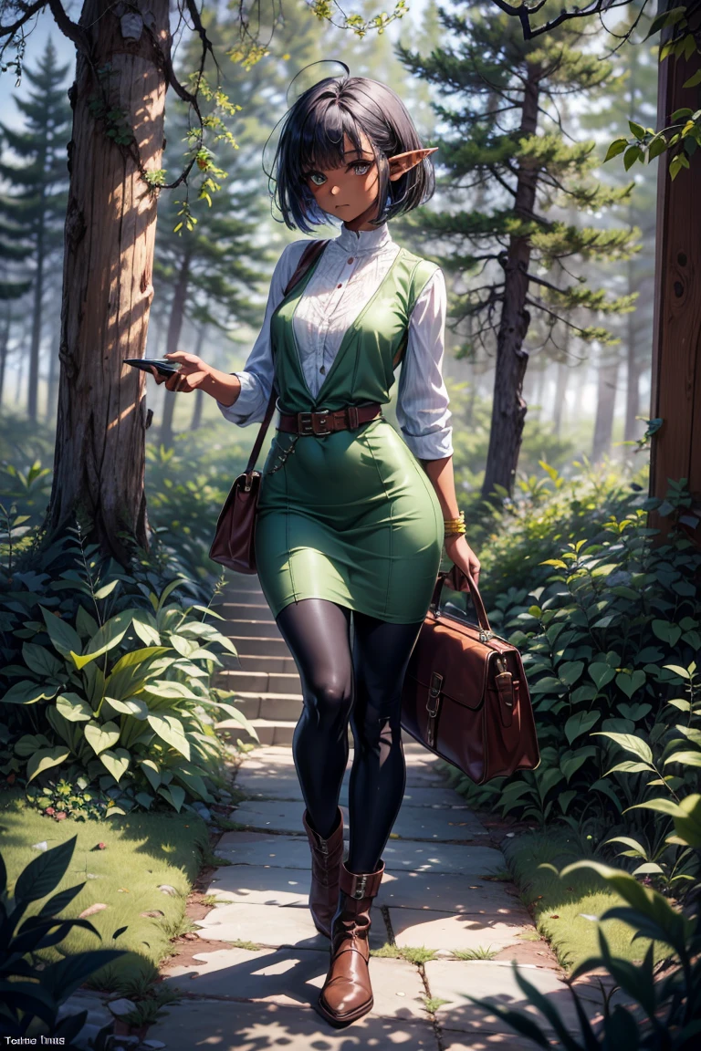 masterpiece, absurdres, 1girl, cowboyshot, tachi-e, mature woman, best aesthetics, small breasts, narrow hips, thin thighs, dark hair, narrow eyes, slanted eyes, brown skin, knee-length dress, round nose, very detailed face, clean lines, dynamic pose, anatomically correct, hyperdetailed, forest atmosphere, beige eyeshadow, clean makeup, violet eyes, detailed hair, sparkling eyes, nature, magic, fantasy, medieval, high fantasy, leather leggings, comfy, cozy, tsurime eyes, SFW, tunic dress, arms by side, outdoors, trees in background, simple bob haircut, messy bangs, hair framing face, straight hair, elf, adult woman, brown dress, green vest, inked comic, comic art, ankle boots, cell shading, cartoon style, tanned skin, broad shoulders, leather satchel, forest mage, dark skin