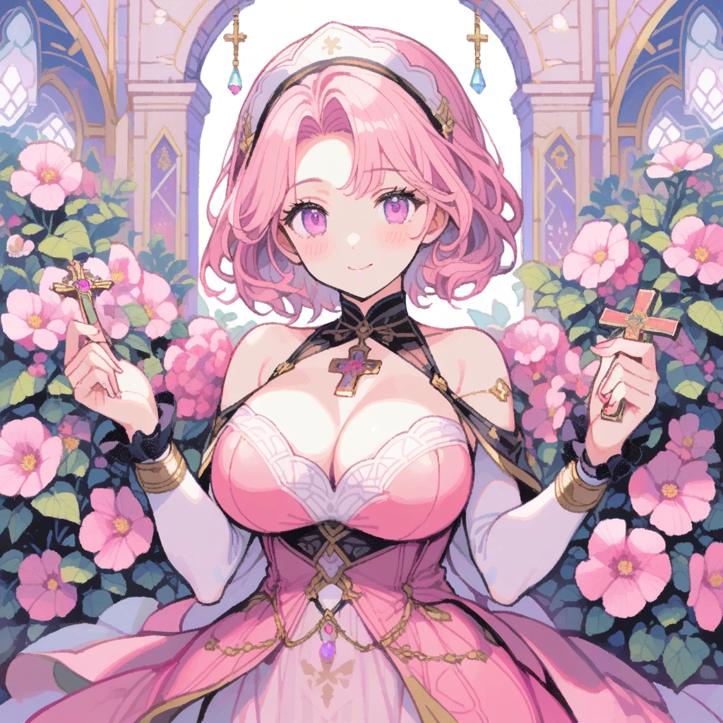 1girl、Althaea rosea、「ambition」「ambition」「Abundant fruiting」「Noble and dignified beauty」、Hollyhock、Greedy Smile、With an ambitious expression, he holds a jeweled cross in his hands、Big Breasts、Big Tits、tegaki, pink eyes, pink hair, wavy short hair, pink dress, pink theme