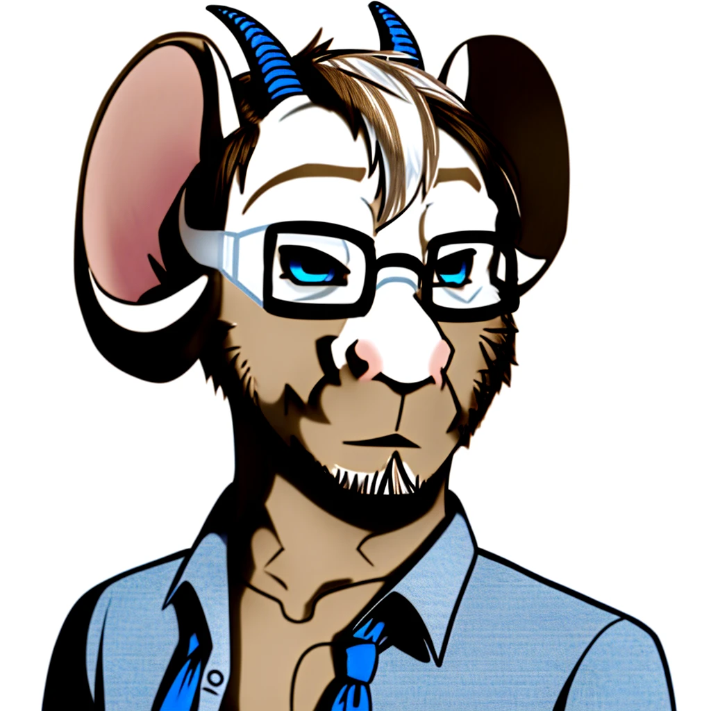 Solo, male, furry, goat-rat hybrid, ((goat horns)), mouse ears, ((light brown colored fur with white highlights)), (brown hair), blue eyes, mouse tail, adult, handsome, mature, (slim build),black wire glasses, wearing dress shirt, wojak