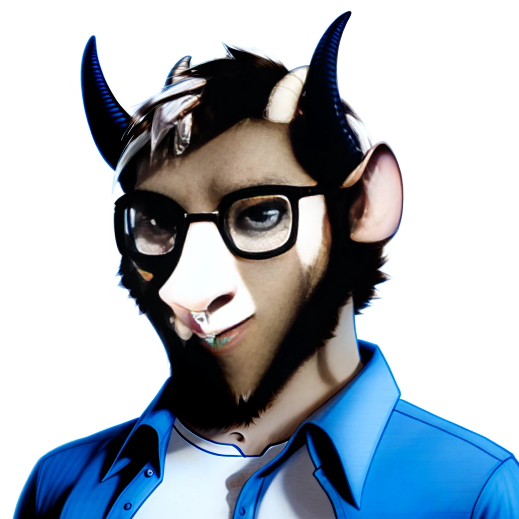 Solo, male, furry, goat-rat hybrid, ((goat horns)), mouse ears, ((light brown colored fur with white highlights)), (brown hair), blue eyes, mouse tail, adult, handsome, mature, (slim build),black wire glasses, wearing dress shirt, wojak