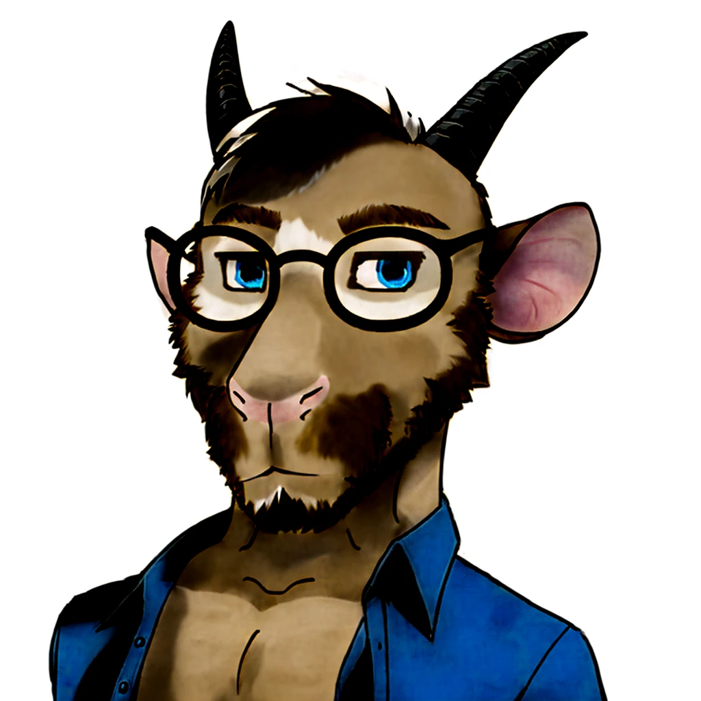 Solo, male, furry, goat-rat hybrid, ((goat horns)), mouse ears, ((light brown colored fur with white highlights)), (brown hair), blue eyes, mouse tail, adult, handsome, mature, (slim build),black wire glasses, wearing dress shirt, wojak