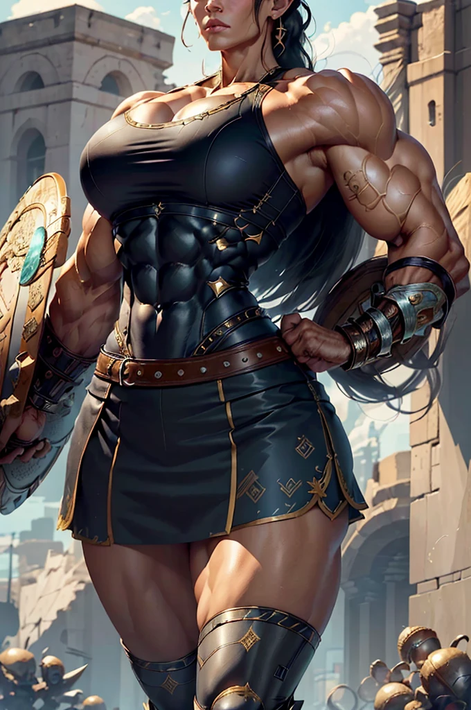 (Best lighting) , (Very intricate details) , 4K Integration, (Super fine CG: 1.2) , (8K: 1.2),(original), (masterpiece) , (Highest quality),(masterpiece:1.4),((Full images))、Photo quality,(masterpiece),masterpiece, Highest quality, Absurd,((Masterpiece, 4K, 8K, High resolution)),(masterpiece), (Highest quality), (Super detailed), (Very delicate and beautiful), ((Cowboy Shot)), 1 female, The face of a 40-year-old Western woman、A beautiful, well-balanced face、 ((A woman with a muscular body like a male bodybuilder)),((Huge muscular physique))、((A 200cm tall woman))、((Beautiful woman)),((Woman warrior)),((full body image)),45 year old mature woman,Brave and resolute attitude, Wearing Valkyrie Metal Armor、 (Sleeveless Armor)、((Metal armor that resembles a thick chest and abdominal muscles))、(Heavy metal armor)、Valkyrie's Helmet、Very strong legs、((Long boots with pin heels))、((kneehigh 、Medieval streetscape,Strength and elegance,Solemn atmosphere,((The Queen's Appearance))、((The Strongest Queen of Mankind))、(Huge muscular physique),((Protruding veins))、((A woman with a toned chest like a male bodybuilder))、Raised trapezius muscle、very thick neck、((Strong arms with bulging biceps))、A muscular chest、Six-pack、((Thick thighs with bulging muscles))、((Bicep-like calf muscles))、Overflowing with incredible strength、Muscles bulging out from under the force of force all over the body、Black Hair、ponytail、A commanding presence,Poses that show off their monstrous power,Model standing、Standing with dignity、Vibrant colors,Down to the smallest thread,Impressive level textures,Sharp focus,Rich and realistic backgrounds,Magnificence and grandeur,((The Mighty Valkyrie Queen)),((The powerful Valkyrie Queen)), Inspiring and majestic,Guardian of the kingdom,Unstoppable courage,Divine Destiny,Indomitable spirit,Unforgettable beauty,Unwavering Strength