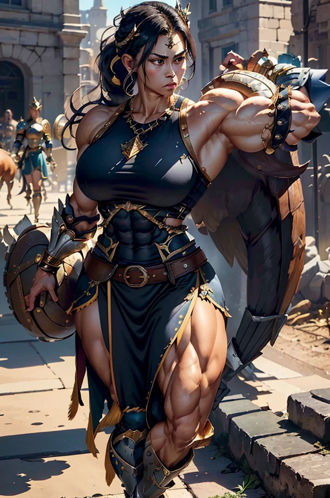 Amazon fierce warrior woman. Muscular, scary, fierce. Topless with huge breasts. Dominant Femdom, slaver. Very realistic and detailed.