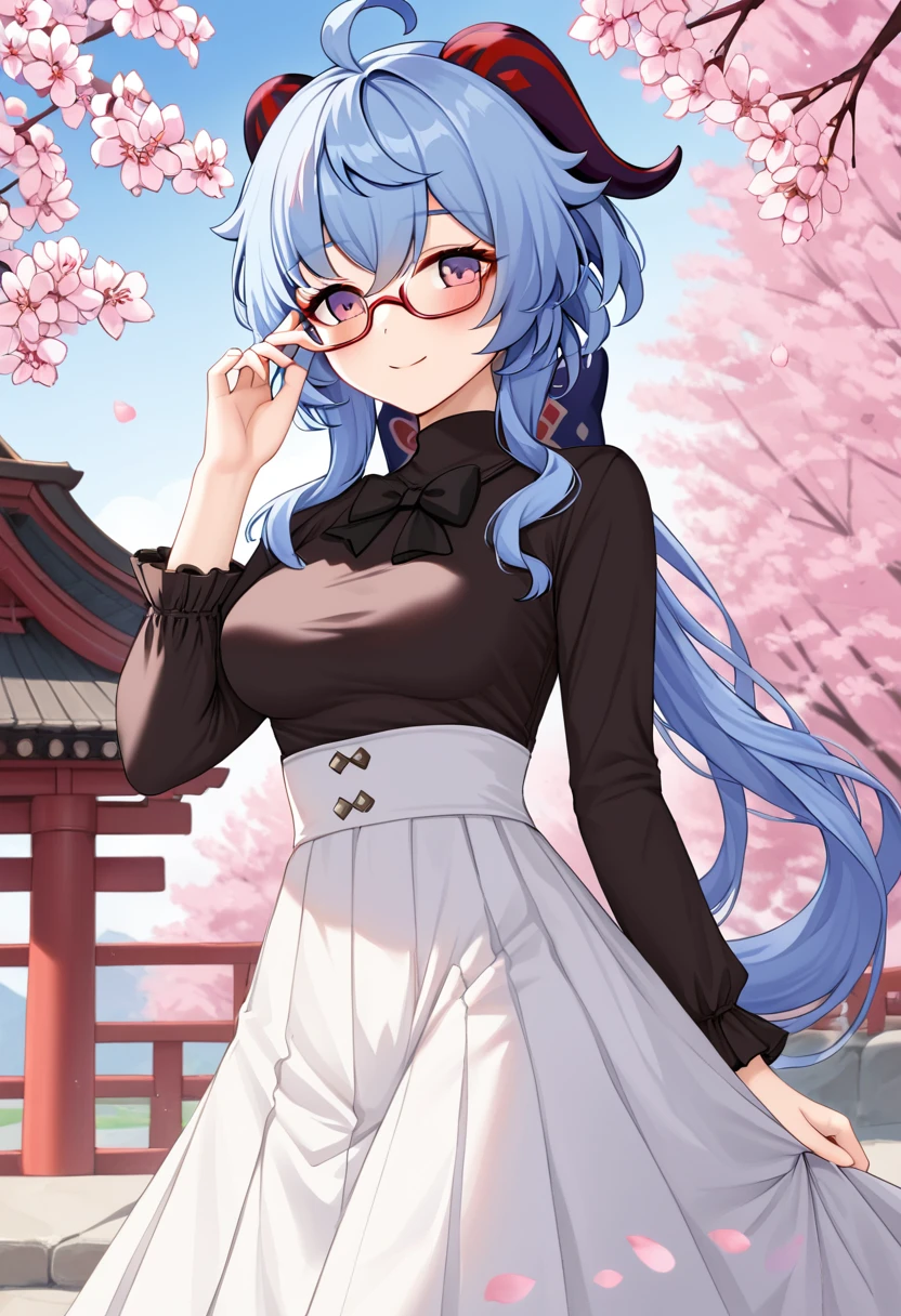 ganyu (genshin impact), 1girl, solo, long hair, breasts, looking at viewer, blush, smile, bangs, skirt, shirt, long sleeves, bow, medium breasts, blue hair, purple eyes, ahoge, sidelocks, outdoors, frills, horns, glasses, bowtie, official alternate costume, petals, black shirt, black bow, turtleneck, white skirt, frilled sleeves, cherry blossoms, semi-rimless eyewear, red-framed eyewear, high-waist skirt, long skirt, shirt tucked in, adjusting eyewear, frilled shirt