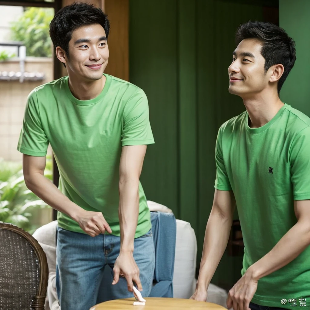 独奏:1.3 ,Korean man, Inspiration from Peng Yuyan, 30 years old, 236 years old, Cute Korean Face, 35 yo, 33 year old Korean muscular man，The dining room is in the back. green t-shirt