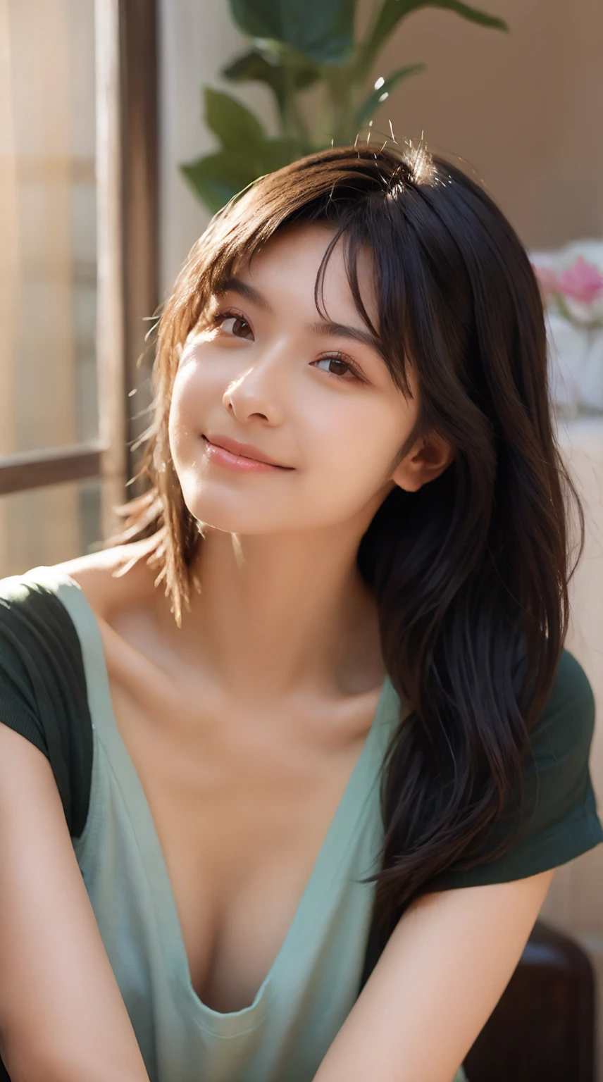 (original photo, best quality), (actual, photo-actual:1.3), masterpiece, extremely delicate and beautiful, Very detailed, CG, Unite, 8k, Astonishing, fine details, Super detailed, high resolution, ridiculous, soft light, (black hair, short hair, curls, messy hair, Bangs), Beautiful and delicate girl, Detailed fingers, Very detailed eyes and face, Beautiful and detailed nose, Beautiful and delicate eyes, (There is light on the face), looking at the audience, (Keep your mouth shut:1.2), 1 girl, Lovely, young, mature face, pale skin, (Half body:1.3, sitting), (medium breasts), actual face, actual body, Beautiful and delicate thighs, (ulzzang-6500-v1.1:0.6), black shirt, (semi smile:1.3),Clothing to cover up。