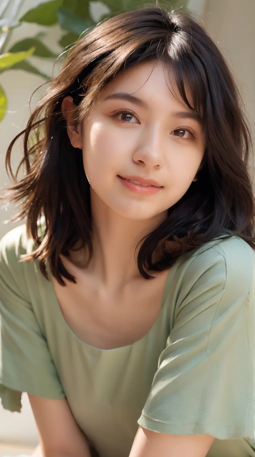 (original photo, best quality), (actual, photo-actual:1.3), masterpiece, extremely delicate and beautiful, Very detailed, CG, Unite, 8k, Astonishing, fine details, Super detailed, high resolution, ridiculous, soft light, (black hair, short hair, curls, messy hair, Bangs), Beautiful and delicate girl, Detailed fingers, Very detailed eyes and face, Beautiful and detailed nose, Beautiful and delicate eyes, (There is light on the face), looking at the audience, (Keep your mouth shut:1.2), 1 girl, Lovely, young, mature face, pale skin, (Half body:1.3, sitting), (medium breasts), actual face, actual body, Beautiful and delicate thighs, (ulzzang-6500-v1.1:0.6), black shirt, (semi smile:1.3),Clothing to cover up。