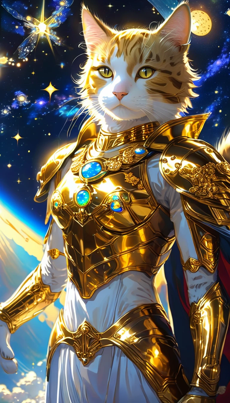 ((8K)), highest quality, 超High resolution, (High resolution),A cat dressed in the outfit of a Gold Saint from the anime Saint Seiya, floating in the vast expanse of outer space. The cat's armor shines brightly, reflecting the stars around it