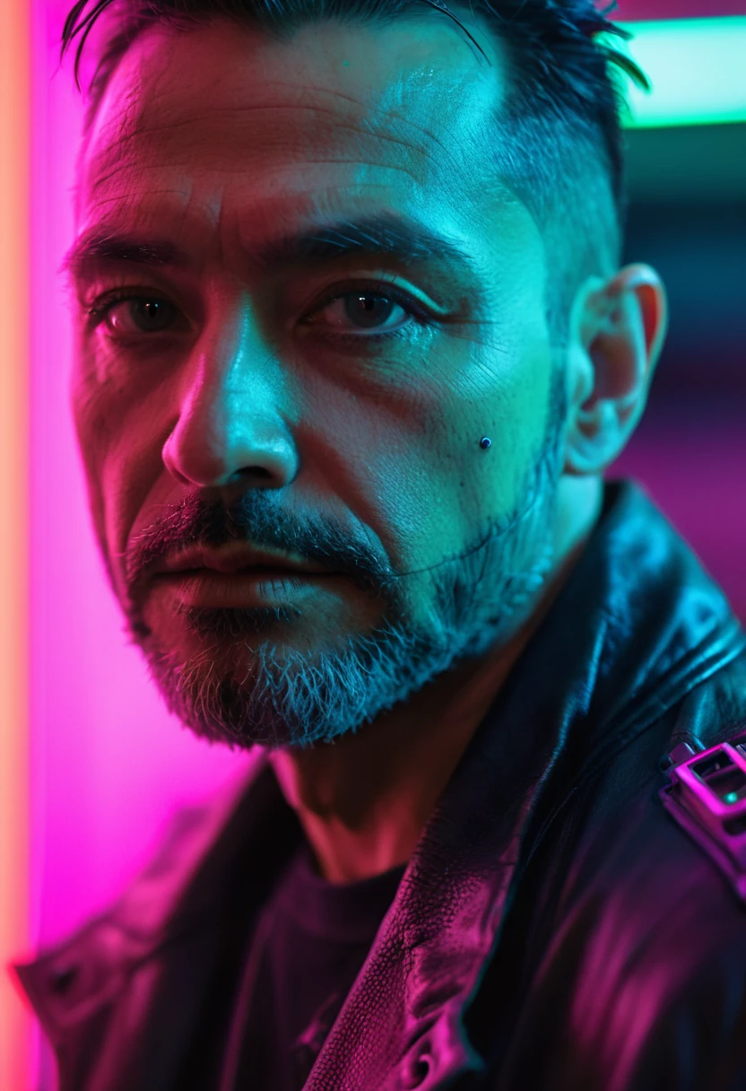 macro crisp quality, close up portraint, of cyberpunk brutal man, in cyberpunk neon room, rough skin, look at a camera, glowing eyes, age 40, cinematic, dimmed colors, dark shot, muted colors, film grainy, lut, spooky