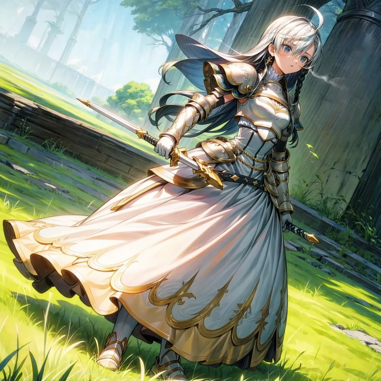 1girl, Full body version, 1character, girl version, blue eyes color, long haircut, (white colour hair), formal style clothing, medieval gold armour, one gold sword in hand, Grassroots, background in green field, motion blur, battle gesture, lighting sword, smoke, fire lighting, fire, masterpiece, (Hunter x Hunter style)