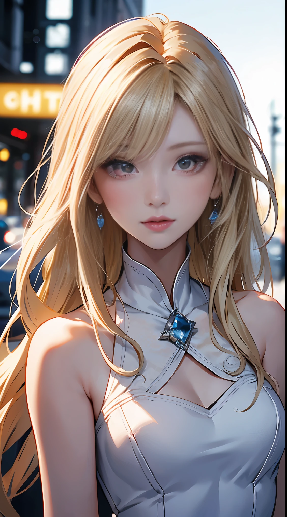 1girl,Albino, cute, beautiful, long hair, red  eyes, wearing a white and blue dress, blonde hair,((8k, UHD, ultra realistic))