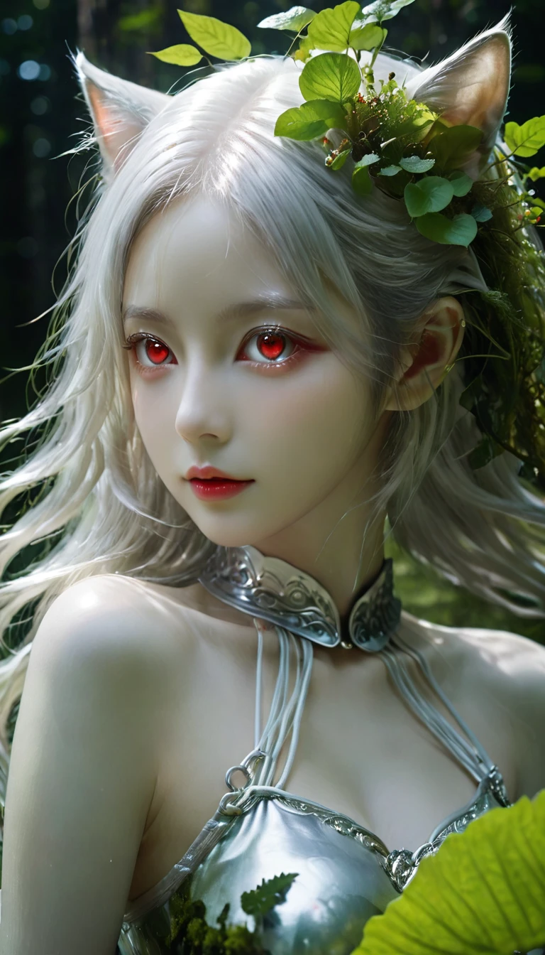 silver cat girl,(A girl made from fresh plants),forest,plant,beautiful,Cute face,Long silver hair,Pearly skin、Red Eyes、8K、Upper Body、Front face、ゴールデンアワーのforest Reflection on the lake