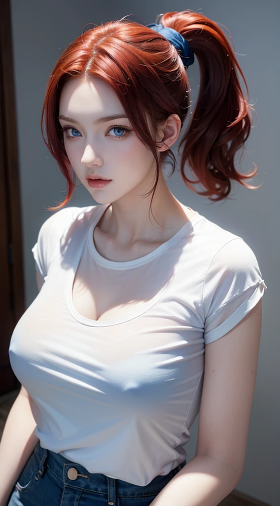Mature MILF, red hair, ponytail, blue eyes, wearing a short white t-shirt and blue jeans, big and full breasts, ((Hyperrealism)),((high resolution 1.9)),((high quality 1.9)),((high detailed 1.9)),((masterpiece)),(perfect lightings))