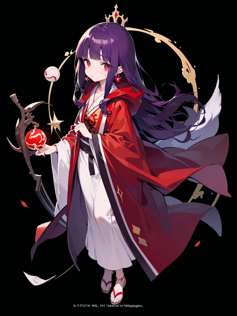 ((((Princess of Moonberg)))), ((1little girl)), ((drooing eyes)),(((deep purple hair))), ((Blunt bangs)), (Fluffy long hair), (Deep red eyes), Pearl earrings,
((((red hood)))), (Lotto emblem on hood), (((Red Stall))),  ((White robe with red edging)),  
Holding a magic staff in her left hand, full body shot,
