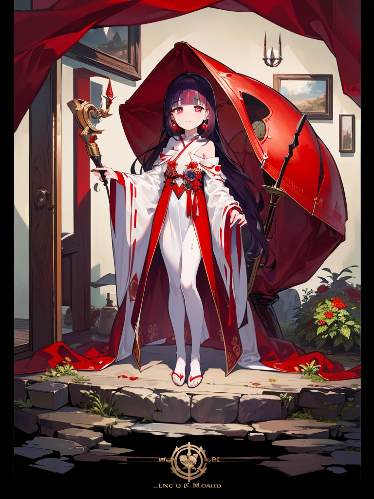 ((((Princess of Moonberg)))), ((1little girl)), ((drooing eyes)),(((deep purple hair))), ((Blunt bangs)), (Fluffy long hair), (Deep red eyes), Pearl earrings,
((((red hood)))), (Lotto emblem on hood), (((Red Stall))), ((White robe with red edging)),
Holding a magic staff in her left hand, full body shot,
