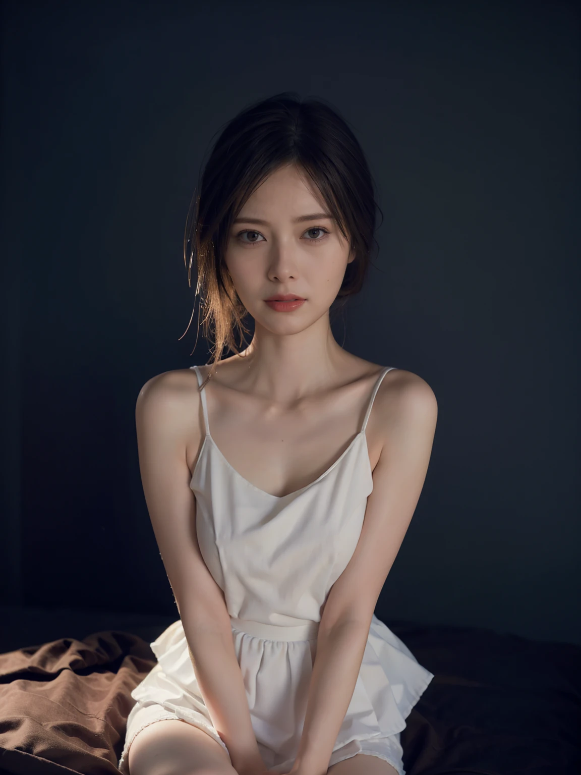 1girl, woman, masterpiece, best quality, highest quality, cinematic lighting, (volumetric lighting), extremely detailed CG unity 8k wallpaper, focused, 8k wallpaper, extremely detailed, ultra realistic, photorealistic, sharp focus, absurdres, (HDR:1.2), (high contrast), photograph, detailed and intricate, instagram, portrait, highly detailed, digital painting, artstation, concept art, smooth, sharp focus, illustration, cinematic lighting, (natural big breast), black short skirt, eyes looking at the viewer, ((medium shoulder)), (skinny legs), (slender body), (((height 163cm))), (HQ skin:1.4, Realistic human body structure), (Full body:1.3), ((Close up photo)), (knit crop tanktop, very short skirt), (real skin of thighs), white background.