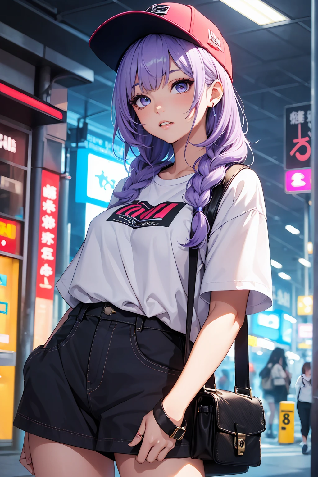 ((1 girl)), latest trend clothes, inflate gum, Neon Color Fashion, Put your hands in your pockets, Street fashion,T-Shirts, mini skirt,trucker cap, Cowboy Shot,((Very detailed,highest quality, High resolution, 8k wallpaper, Beautiful clothes,)),((Light purple hair, Shortcuts,Braided hair)) , (teeth), Serious face, Upward glance, Hunchback,eye shadow, eyeliner,Glow Eye, Very detailedな目, Clear Eyes, Beautiful Eyes, 18-year-old girl.