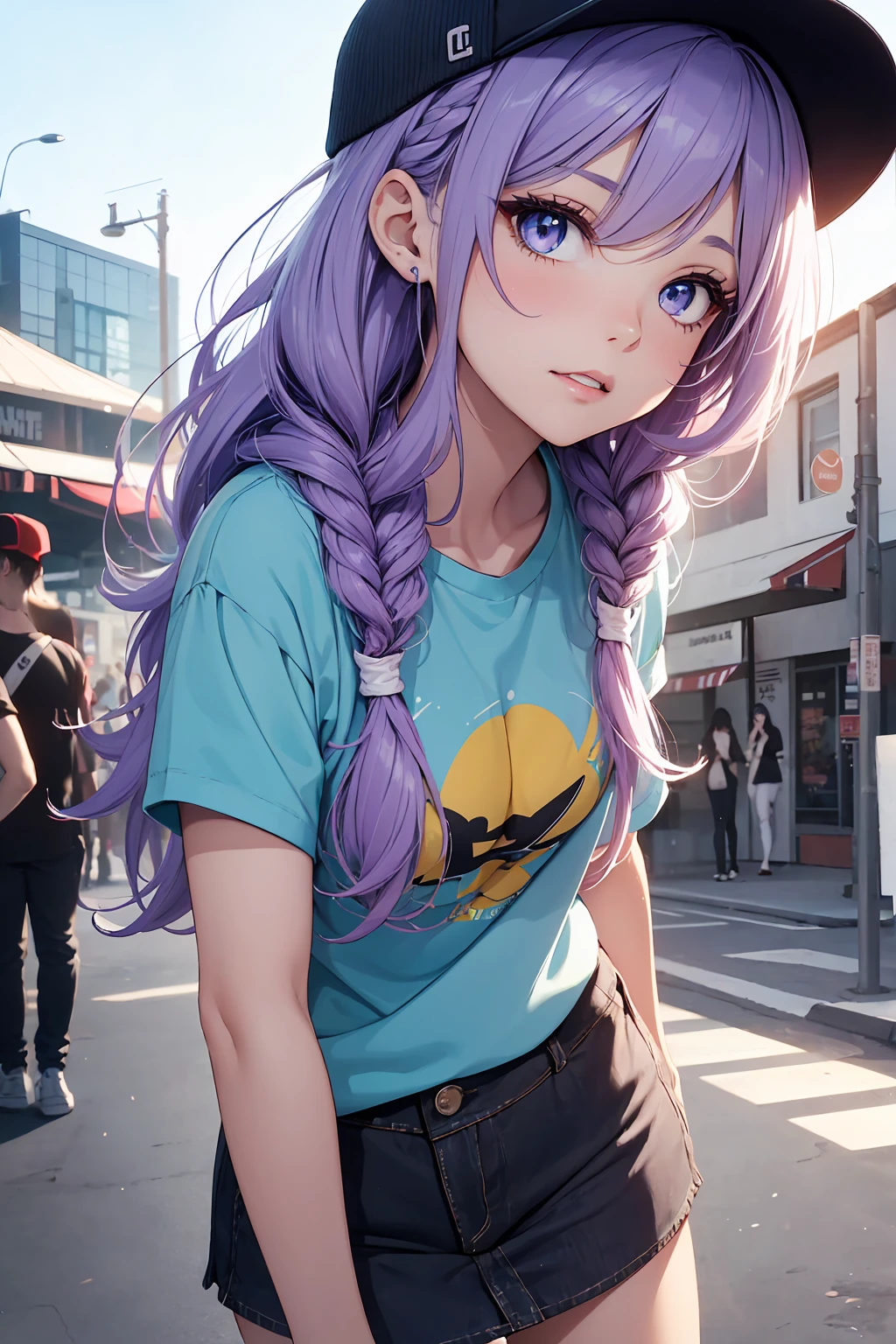 ((1 girl)), latest trend clothes, inflate gum, Neon Color Fashion, Put your hands in your pockets, Street fashion,T-Shirts, mini skirt,trucker cap, Cowboy Shot,((Very detailed,highest quality, High resolution, 8k wallpaper, Beautiful clothes,)),((Light purple hair, Shortcuts,Braided hair)) , (teeth), Serious face, Upward glance, Hunchback,eye shadow, eyeliner,Glow Eye, Very detailedな目, Clear Eyes, Beautiful Eyes, 18-year-old girl.
