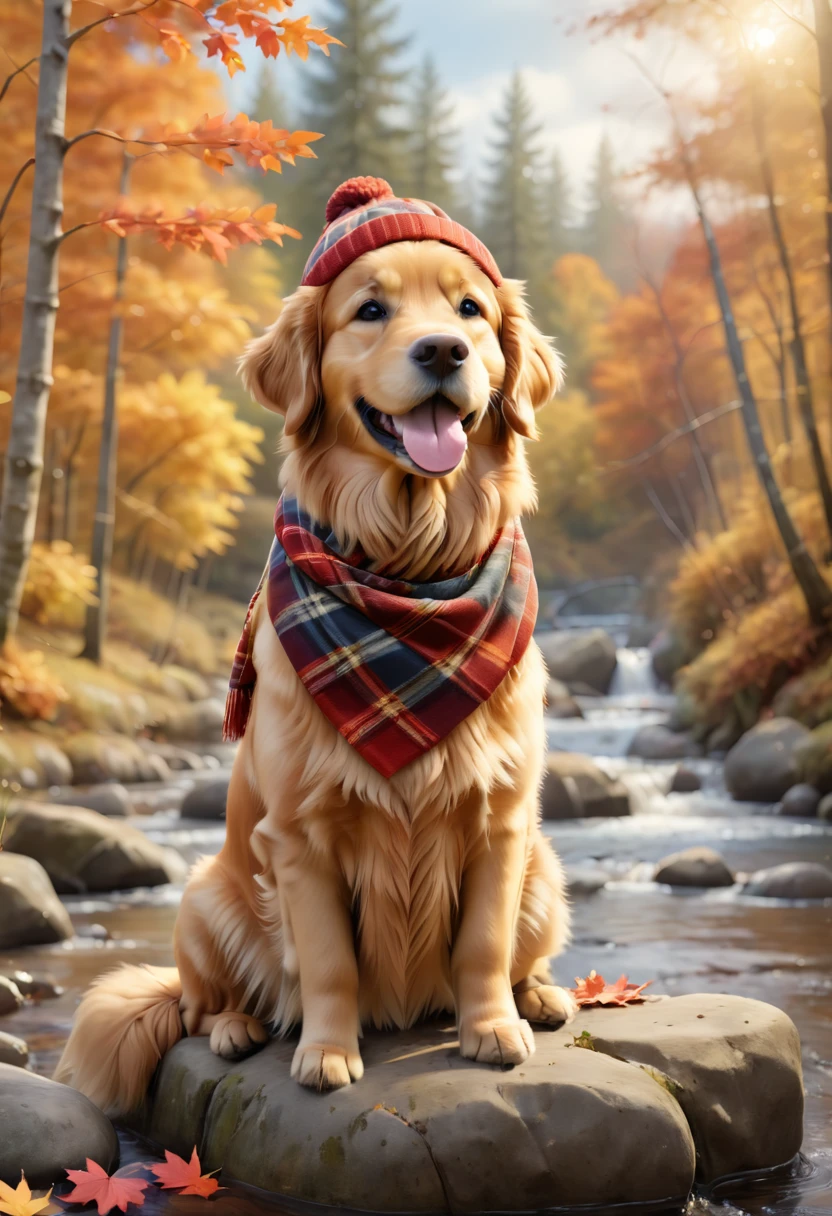 Create an adorable digital painting of a friendly golden retriever with a shiny coat. The dog is wearing a plaid scarf and a beanie. It is sitting on a large rock by a beautiful autumn forest, with colorful leaves falling and a gentle river flowing nearby. The background should be natural and tranquil, with a vibrant autumnal theme. Use warm lighting and vibrant colors to enhance the scene. Render the image in 3D to bring out the textures and details, capturing the essence of an outside setting in the fall season."