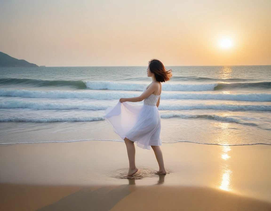 8K, sunset red sun on the beach，A strong lingering scent is reflected in the sea., Beautiful 36-year-old short Korean woman, Chest size 34 inches, Wear sleeveless, light and short white skirt. beautiful pretty woman look , wearing a light skirt , Go far into the sea water and dip your toes., Short medium hair blowing in the wind, 1 woman, beautiful eyes, a little smile, Full-body photo taken from afar with a wide-angle lens, Danang Beach in Vietnam with clean and perfect background, the waves are coming, The picture quality is very clear and clear