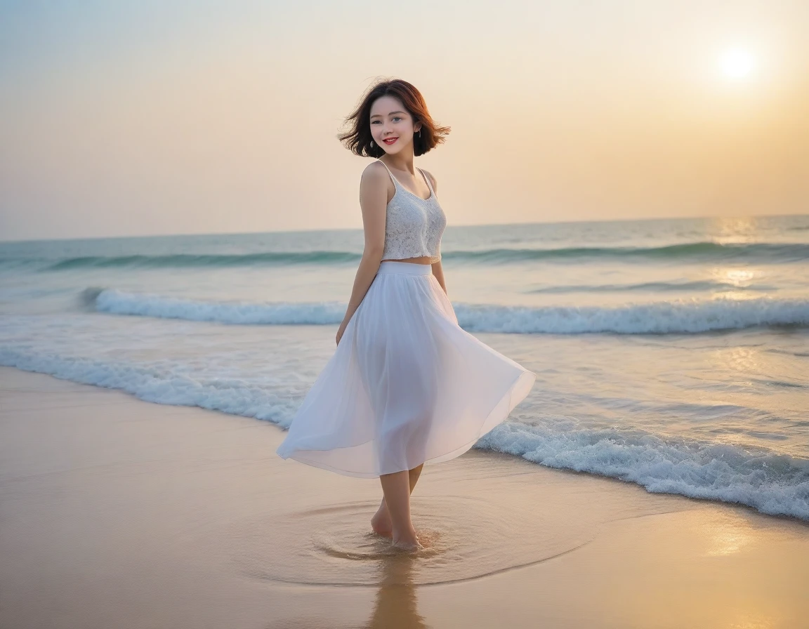 8K, sunset red sun on the beach,A strong lingering scent is reflected in the sea., Beautiful 36-year-old short Korean woman, Chest size 34 inches, Wear sleeveless, light and short white skirt. beautiful pretty woman look , wearing a light skirt , Go far into the sea water and dip your toes., Short medium hair blowing in the wind, 1 woman, beautiful eyes, a little smile, Full-body photo taken from afar with a wide-angle lens, Danang Beach in Vietnam with clean and perfect background, the waves are coming, The picture quality is very clear and clear