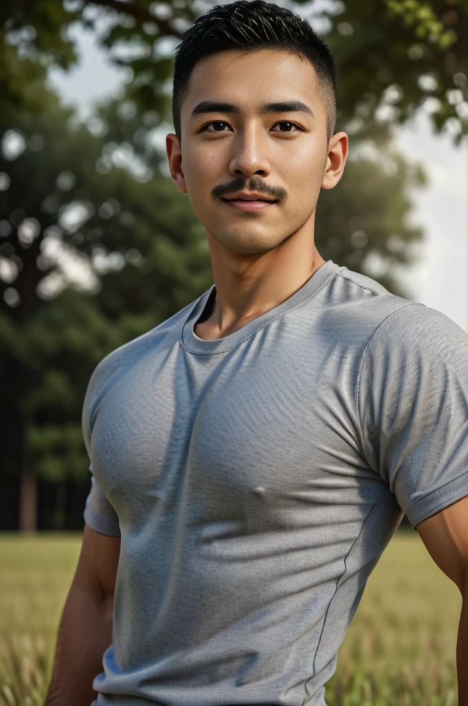 Masterpiece, best quality, high resolution, realistic, handsome, Take beautiful photos, Sayk, NRF, Photo of the 35 year old gym association (The man has a thin mustache.:1.2) Portrait, Standing on the edge of a field with grass , make military media, weight, Amazing , Buzzcut short hair,stubble head , (Hyper Muscle),looking at the audience, Flirt with the camera, charming, (Tight gray exercise shirt ),(GS-Male:1), 8K,Bokeh,Portrait,look at the viewer,