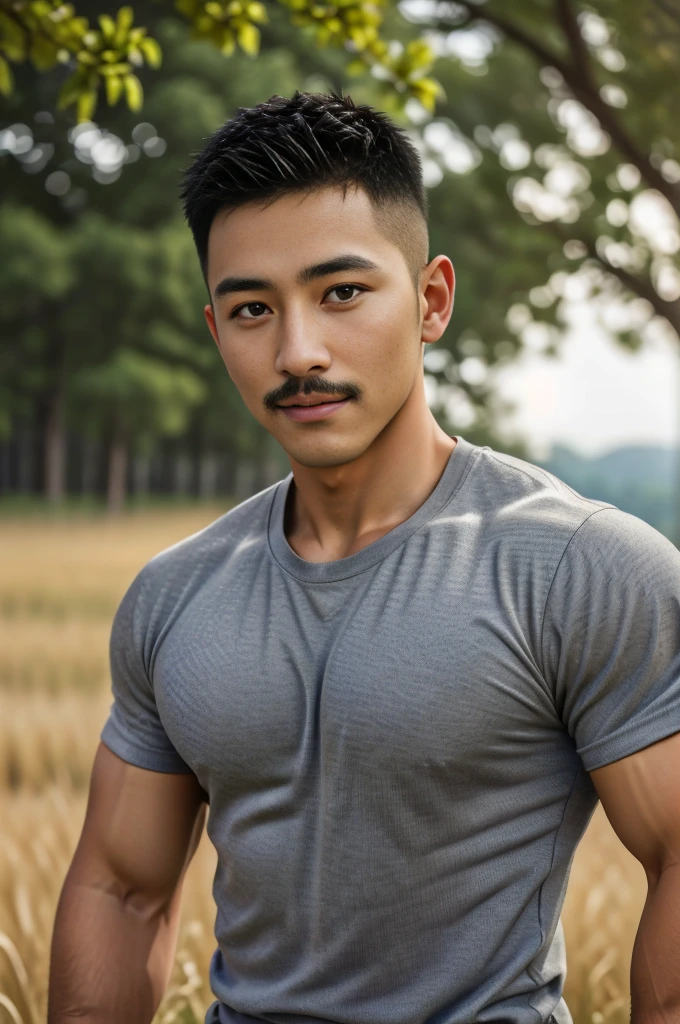 Masterpiece, best quality, high resolution, realistic, handsome, Take beautiful photos, Sayk, NRF, Photo of the 35 year old gym association (The man has a thin mustache.:1.2) Portrait, Standing on the edge of a field with grass , make military media, weight, Amazing , Buzzcut short hair,stubble head , (Hyper Muscle),looking at the audience, Flirt with the camera, charming, (Tight gray exercise shirt ),(GS-Male:1), 8K,Bokeh,Portrait,look at the viewer,