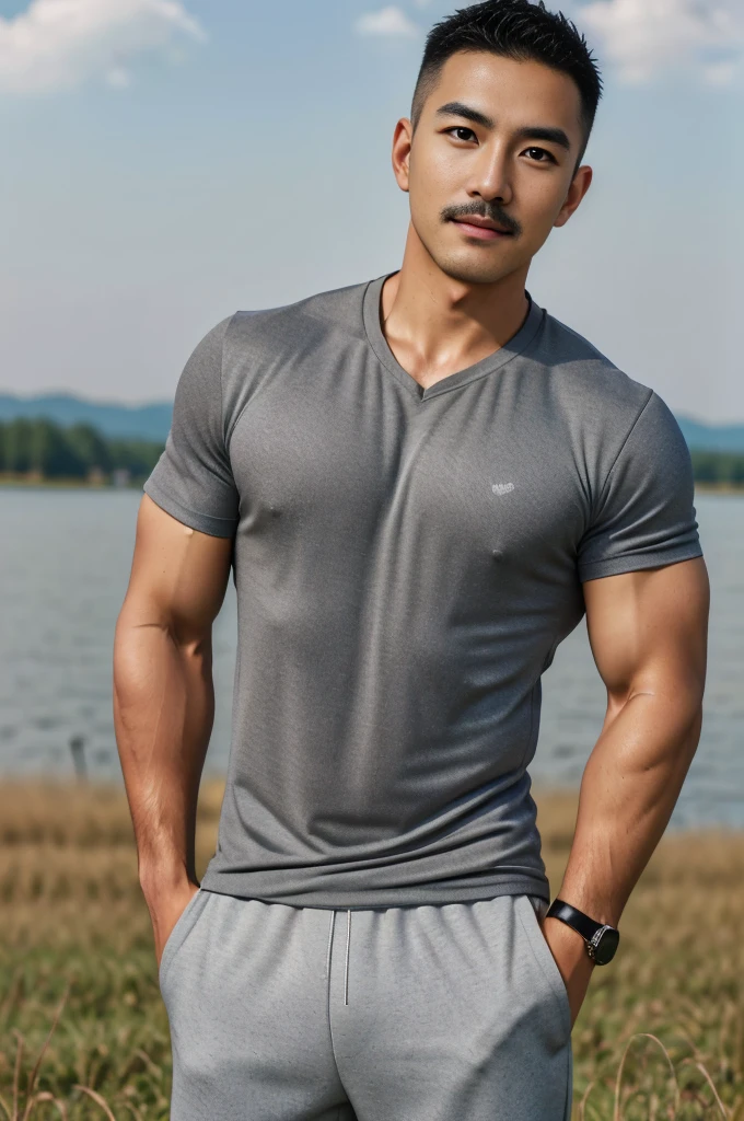 Masterpiece, best quality, high resolution, realistic, handsome, Take beautiful photos, Sayk, NRF, Photo of the 35 year old gym association (The man has a thin mustache.:1.2) Portrait, Standing on the edge of a field with grass , make military media, weight, Amazing , Buzzcut short hair,stubble head , (Hyper Muscle),looking at the audience, Flirt with the camera, charming, (Tight gray exercise shirt ),(GS-Male:1), 8K,Bokeh,Portrait,look at the viewer,