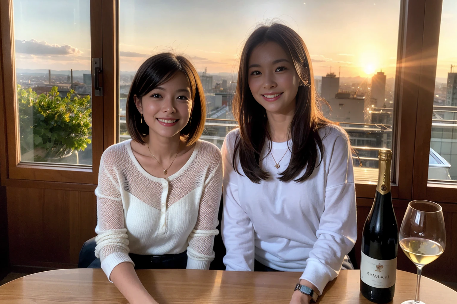 ((Highest quality、、masterpiece:1.3))、1 male 1 female、42 years old 39 years old、Slim Beauty、Beautiful couple、Upper Body、smile、 (Slim face), (the body is スリム), (Brown Hair), (Shortcuts), テーブルのフルコースディナーとwine glass、Amazing view of the sunset sky and clouds、smileの美しさ、Wine bottle、sparkling wine、Long sleeve shirt、dress、White wine, red wine, wine glass, Beautiful fine grain, Depth f/2,saturation, High Contrast, Strong light and shadow,Moist Body:1.5、3D texture、The hair is very shiny、