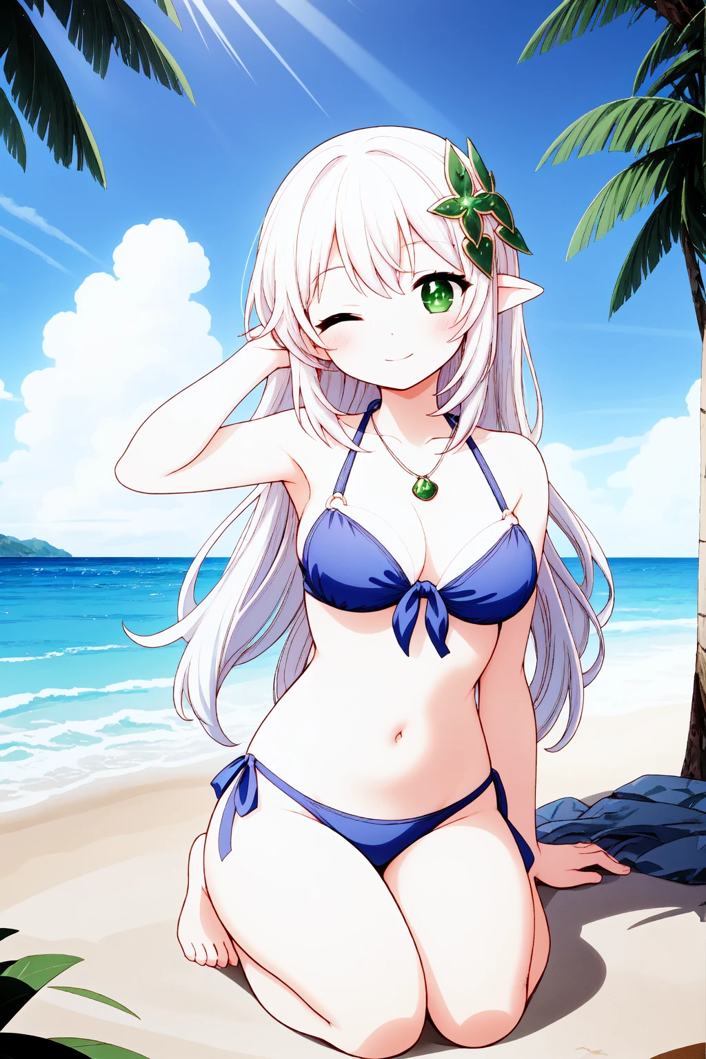 1girl,masterclass,best quality, illustration, solo, medium breast, nahidadef, ;), smile, one eyes closed,bare_shoulders,beach,blue_sky,blush,breasts,cloud,front-tie_bikini_top,front-tie_top,full_body,navel,necklace,o-ring,o-ring_bikini,ocean,on_ground,outdoors,seiza,sitting,spread legs,sky,stomach,sunlight,swimsuit,arm up, arm behind head, armpits