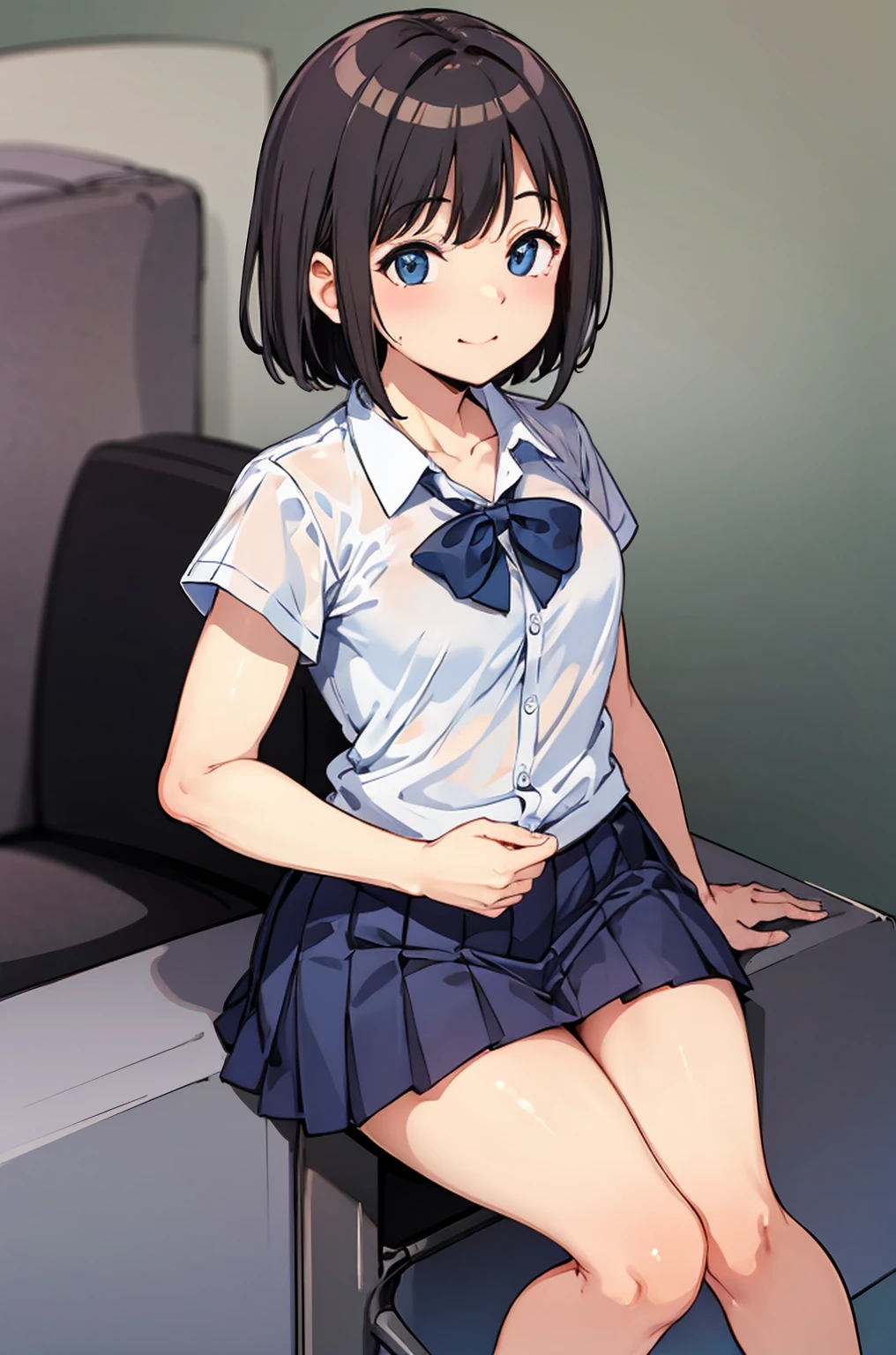 NSFW, 1 woman, , ((short wolfcut haircut)), black eyes, Indonesian high-school uniform, white shirt, osis logo on shirt pocket, flat breasts, grey pleated skirt, half-shot, innocent look, hands up, sitting, knees up, white panties, spread legs