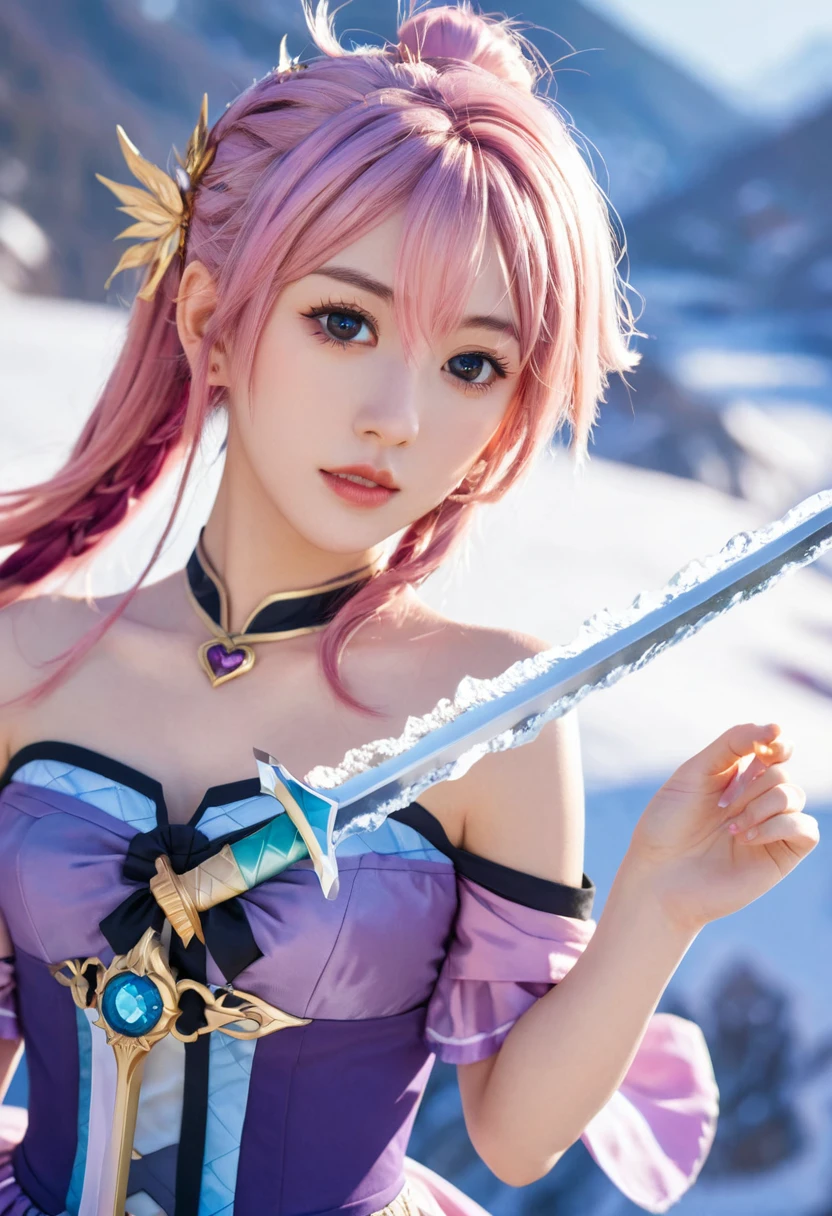 Extreme details, Flawless, Aerial View, It's like a work of art, Anime girl holding an ice sword, Pink hair and purple dress complement each other, Ayaka Genshin looking into the distance, Lead us into the world of Genshin Impact.