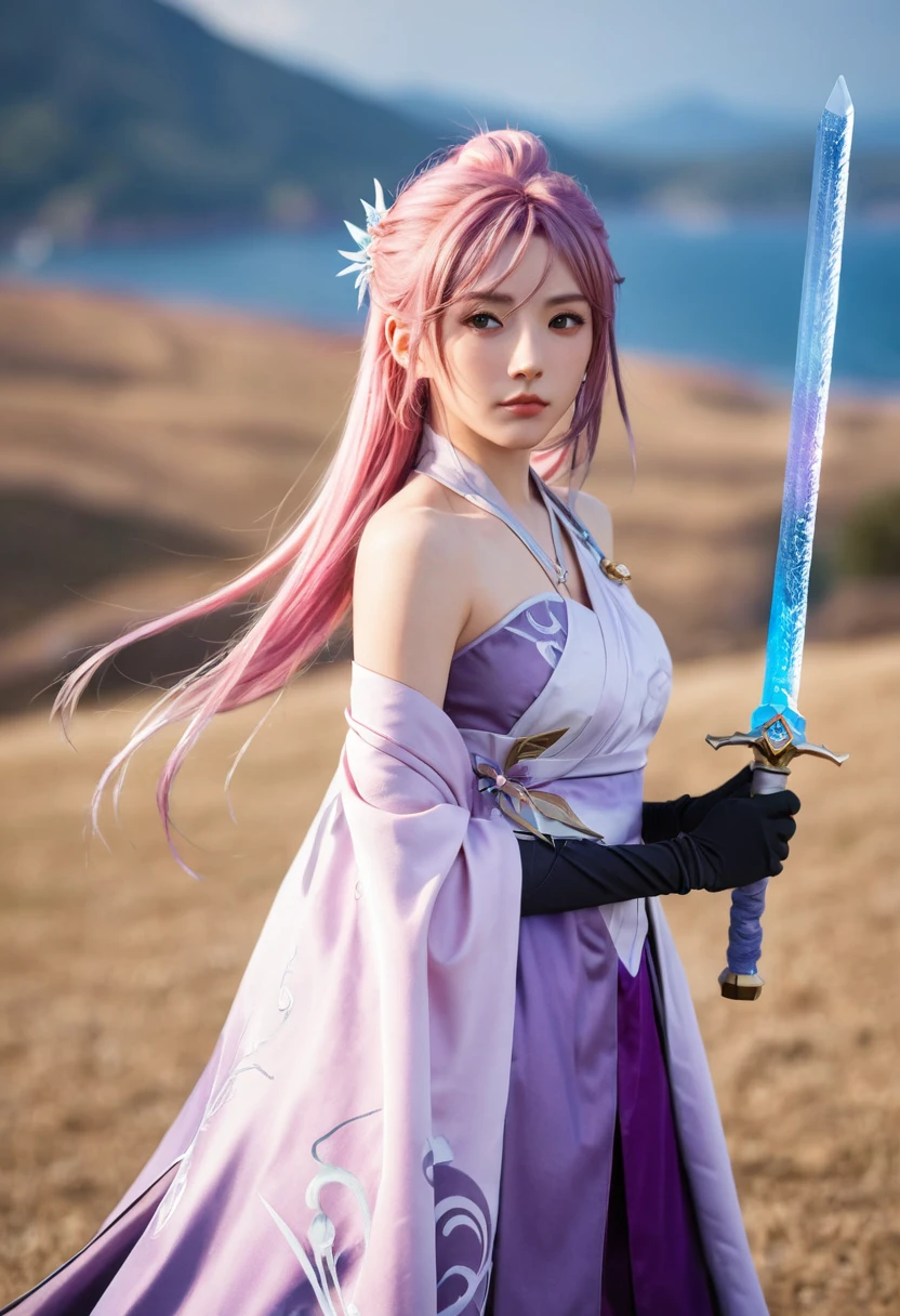 Extreme details, Flawless, Aerial View, It's like a work of art, Anime girl holding an ice sword, Pink hair and purple dress complement each other, Ayaka Genshin looking into the distance, Lead us into the world of Genshin Impact.