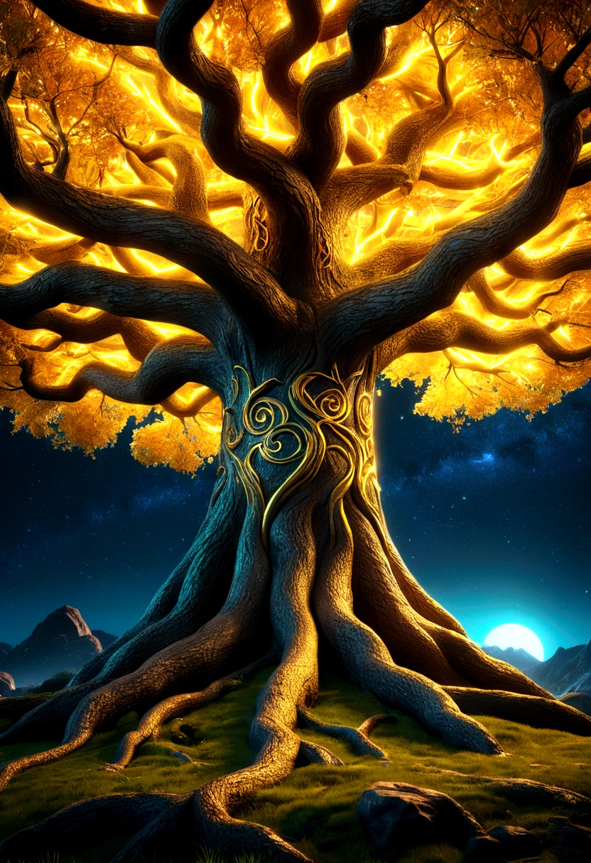 yggdrasil tree, gold, neon, infinity, beautiful, realistic, high detail, high resolution