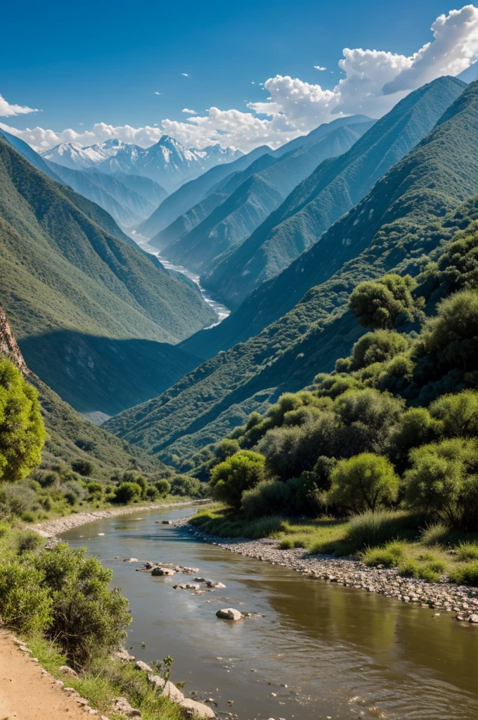 Panoramic view of the majestic Amojú River mountains rising against the sky. Spotlight, a young man named Arturo, with a backpack on the shoulder, walk along a path.
Arturo (thinking): "The Amojú River...What secrets do its waters hide??