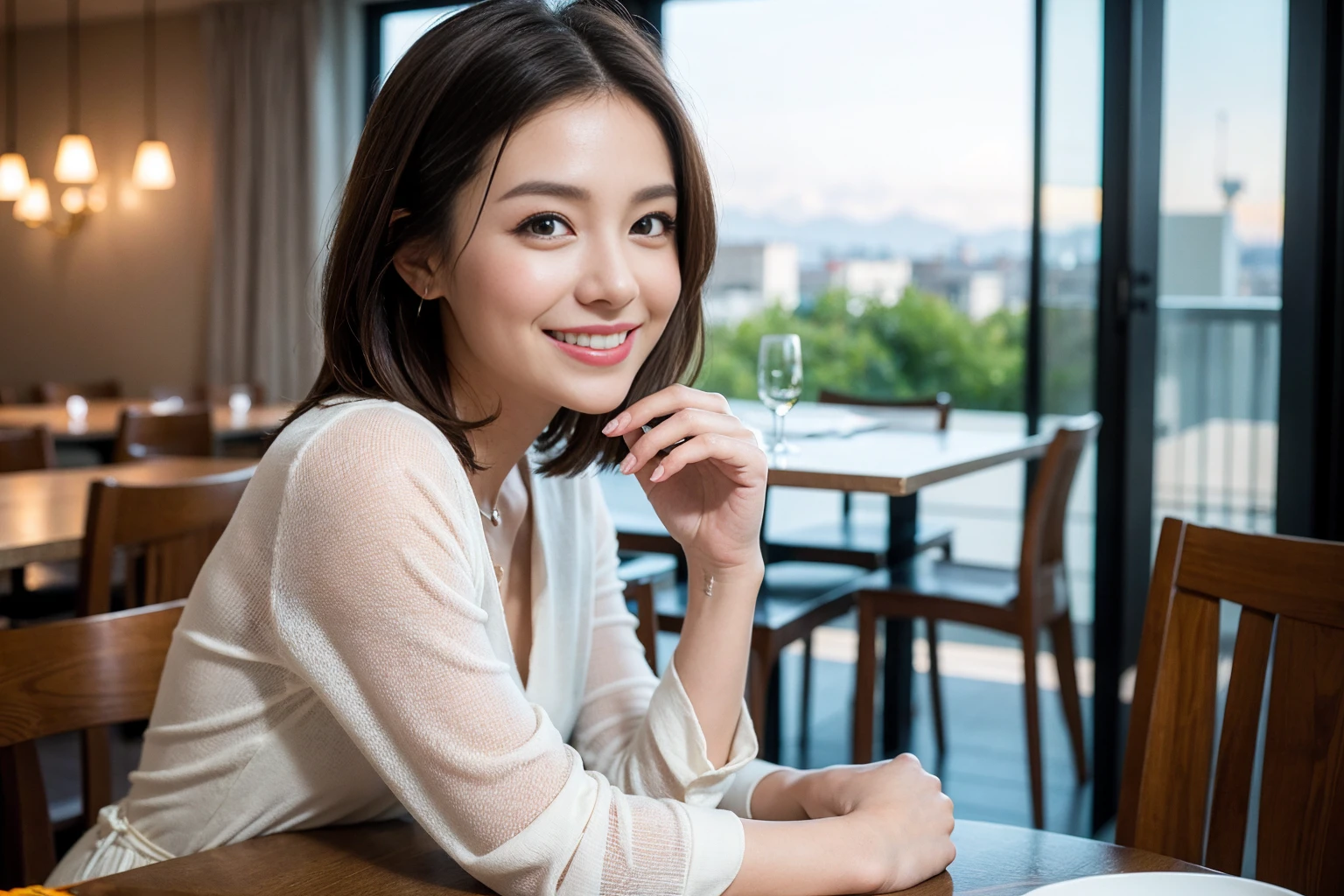 ((Highest quality、8K、masterpiece:1.3))、slimカップル、modelカップル、(Realistic, Intricate details:1.2), full-course dinner、Wine Party、Amazing view of the sunset sky and clouds、A bright smile、The wonderfulness of smile、Bright image、The beauty of wine, Beautiful Face, blue eyes, The light shines on your face, Blushing, short hair,Bright Face、 (Age 37), 39 years old, red wine 、Appetizers、Italian food、Wine bottle、Champagne、sparkling wine、Two beauties、Brown Hair、Shortcuts、Long sleeve shirt、dress、Beautiful woman 1, (slimな顔), (The body is slim), (Brown Hair), (Shortcuts), cheeks turn a little red,Attractive beauty、restaurant, In a prominent place (From the waist up) Nova Frog Style, actress, model, Upper Body, White wine, slim, wine glass, 中央に置かれたwine glass, smile, (smile: 1.15), Beautiful fine grain, Depth f/2,saturation, High Contrast, Strong light and shadow,Moist Body:1.5、3D texture、Delicate eyes、Brown Hair、The hair is very shiny、