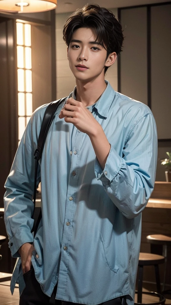 musician、A refreshing, handsome man in his 20s、(Super cool S-class boys)、Japan male, 20 years old、、Photographed inside the cafe、a handsome guy、(CG Unity 8K high resolution photo)、(Very detailedSクラスのa handsome guy性)、(Photorealistic)、(highest quality))、Very detailed、super high quality、expensive、Audience、kind person、Very beautiful hair Perm Hair、Bright photo、Handsome like a model、Handsome like an idol、looking at the camera、Inside a stylish cafe、Stubble