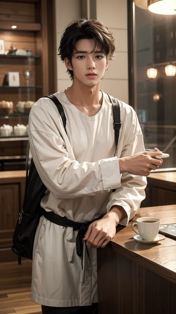 musician、A refreshing, handsome man in his 20s、（Super cool S-class boys）、Japan male, 20 years old、、Photographed inside the cafe、a handsome guy、（CG Unity 8K high resolution photo）、（Very detailedＳクラスのa handsome guy性）、（Photorealistic）、（highest quality））、Very detailed、super high quality、expensive、Audience、kind person、Very beautiful hair　Perm Hair、Bright photo、Handsome like a model、Handsome like an idol、looking at the camera、Inside a stylish cafe、Stubble