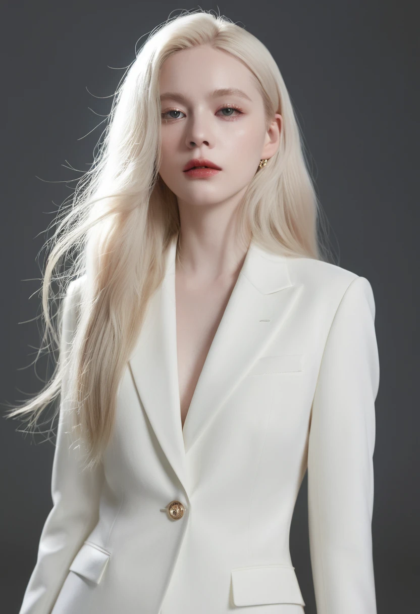 masterpiece, best quality, Solitary , (Perfect face:1.1), (High Detail:1.1), dramatic, (1 person), Pale skin, (纯白色的Long hair:1.4), White eyes, Otto Seppalainen, Solitary, Long hair, White luxury suit, Cover the navel, Snob, Albinism, Pursed lips, Devil magician, Volumetric Lighting, Delicate eyes, light, Ultra Detailed, Complex details, Pixel Perfect, Rose, Fashion, Seductive pose, Side BalenciagaStyle