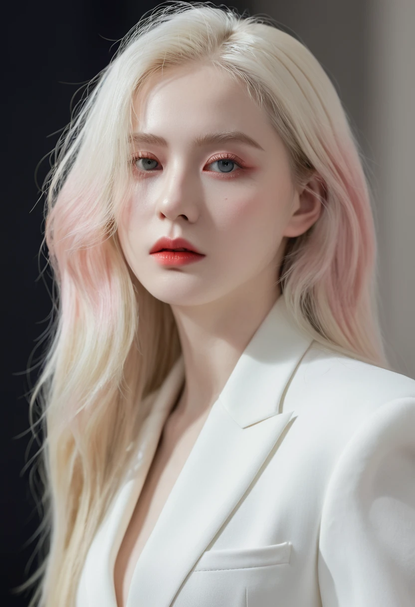 masterpiece, best quality, Solitary , (Perfect face:1.1), (High Detail:1.1), dramatic, (1 person), Pale skin, (纯白色的Long hair:1.4), White eyes, Otto Seppalainen, Solitary, Long hair, White luxury suit, Cover the navel, Snob, Albinism, Pursed lips, Devil magician, Volumetric Lighting, Delicate eyes, light, Ultra Detailed, Complex details, Pixel Perfect, Rose, Fashion, Seductive pose, Side BalenciagaStyle