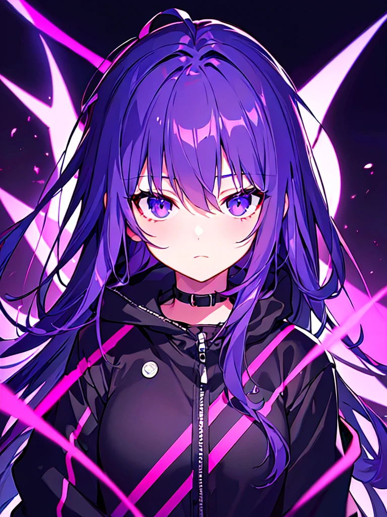 [(Black BACKGROUND:1.5),::5], ((((masterpiece)))), high quality, ultra very high resolution, full color, (((solo))), ((girl)), Purple hair, (Black eyes), anime, ((upper body)), neon light, black parka, YANDERE