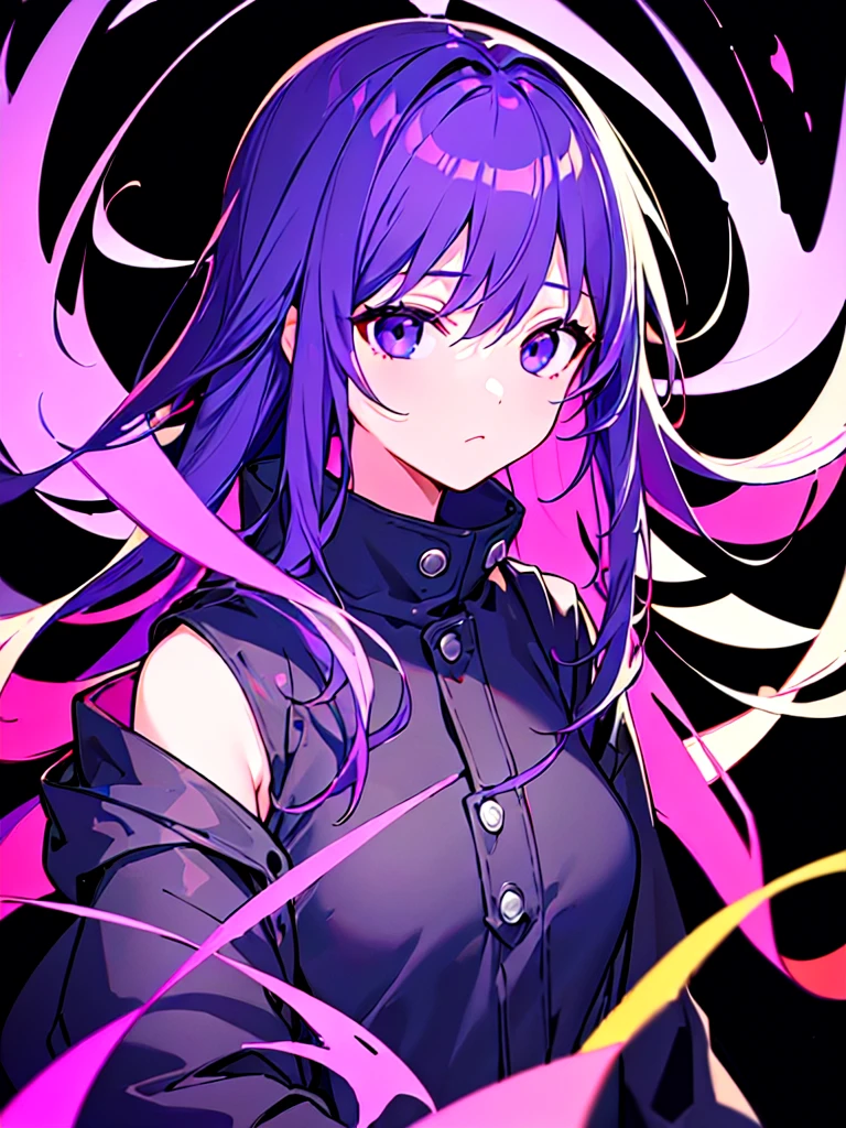[(Black BACKGROUND:1.5),::5], ((((masterpiece)))), high quality, ultra very high resolution, full color, (((solo))), ((girl)), Purple hair, (Black eyes), anime, ((upper body)), neon light, black parka, YANDERE